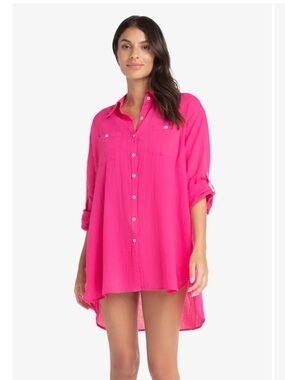 Helen Jon Hot Pink Button-Front Swim Coverup